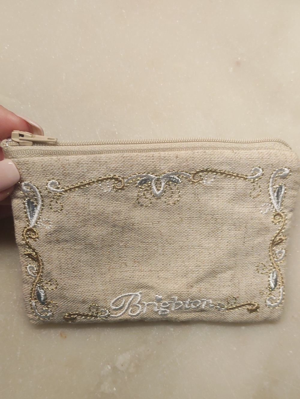 NEW! Brighton Small Zipper Pouch Travel Beige With Scrolls Embroidery
